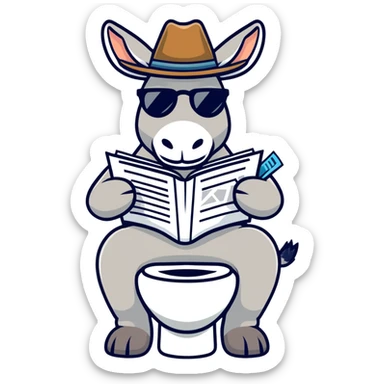 A donkey with sunglasses and a cowboy hat sitting on the toilet, reading a magazine sticker