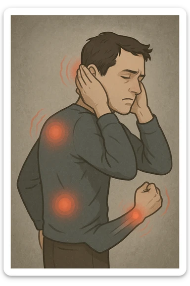 uomo che ignora i suoi un mal di testa, mal di schiena e dolore articolare e ignora ogni segnale e messaggio che il corpo manda per avvertirlo sticker
