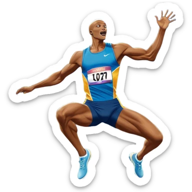 An icon showcasing  a sprinter in full speed, a high jumper soaring over the bar, a long jumper taking off, and a discus thrower in motion. The background features a vibrant stadium with cheering crowds, bright lights, and a clear sky.  sticker