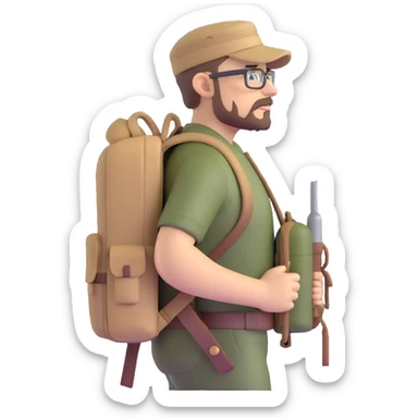 adventurer with goatee beard (no beard on cheeks), short hair, glasses, backwards military tan cap and backpack sticker
