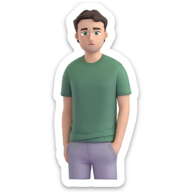 man with dark messy short hair, dark green eyes, wearing a gray t-shirt sticker