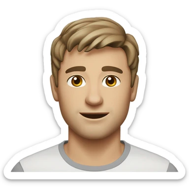 A head and shoulders shot of a 32 year old Caucasian man, with short brown hair,   with brown eyes wearing a t-shirt. sticker