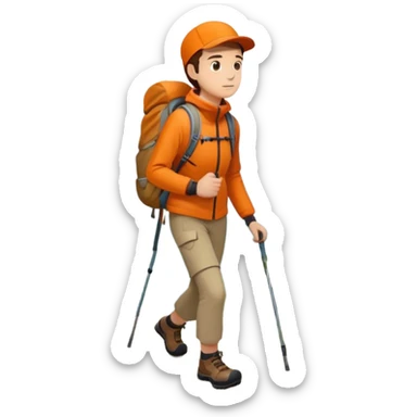 Hiker in orange jacket with backpack climbing mountain trail, minimalist design sticker