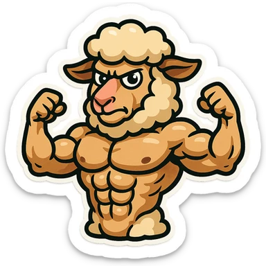 Create a buff sheep with visible 6 pack abs in a cartoonish sticker style. The style should resemble cartoonish stickers with bold outlines and vibrant colors. sticker