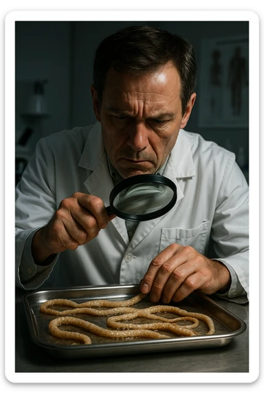 A middle-aged male kinesiologist wearing a pristine white lab coat, intensely analyzing long, beige tapeworms (like Taenia) under a magnifying glass. His expression is focused and slightly concerned, with dramatic studio lighting casting sharp shadows. The parasites are highly detailed, moist, and textured, stretched across a sterile metal tray. The background is blurred but suggests a clinical environment—hints of a microscope, medical charts, and clean lab equipment. The style is hyper-realistic, with a cinematic contrast between the bright white coat and the grotesque, organic forms of the parasites. No sci-fi elements, just raw medical realism with a disturbing edge sticker