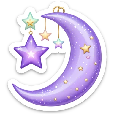 Beautiful sparkly glittery shiny pretty hanging pastel lilac lavender Violet crescent and stars aesthetic deco sticker
