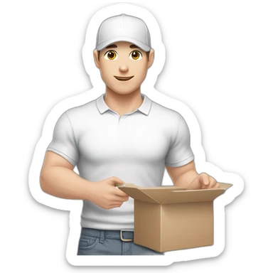 Pale skinned fit Man with dark brown hair in a white cap, gray jeans and gray polo T-shirt keeping a pasted with tape box into his hands sticker