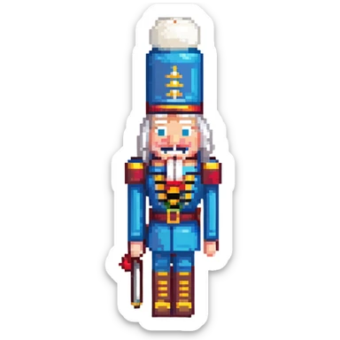 profile picture of a nutcracker toy, minimalist human form, almost pixel art style, white hair, visible teeth, classic nutcracker hat sticker
