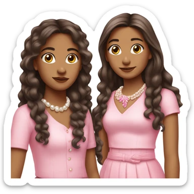 two teenage Latina best friends wearing pink. Long hair. Pink bows. Pearls. Light pink. Diamonds outfits sticker