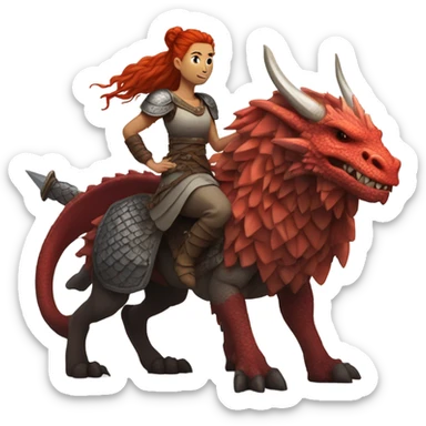 Viking red head dragon queen with a slain Viking solder with a man bun standing on a dragon flying over a volcano in a beautiful sky sticker