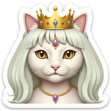 cat dressed like a beautiful queen with a long pretty black wig sticker