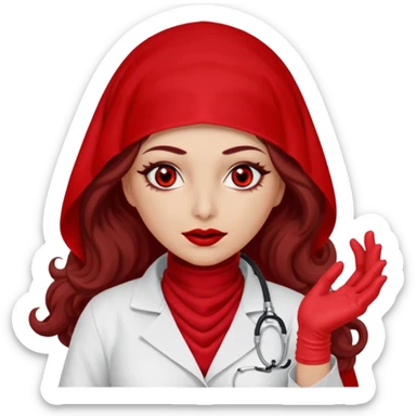 Lilith scalpel in hand, evil surgeon sexy surgeon clothes.  She has red eyes. She has dark brown long curly hair. Wears sexy doctor outfit with red gloves. Covers mouth neck and nose with red burka to hide her identity sticker