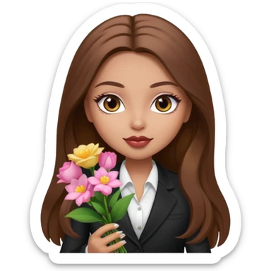 corporate pretty bratz baddie, long brown hair holding flowers sticker