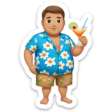 chubby guy full figure in a flowered azure havai shirt, brown shorts and flippers holding a cocktail sticker