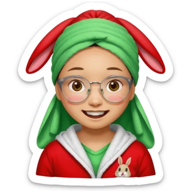 Asian woman wearing a green towel in her head with a broken glasses on her face in red pajamas her smile with rabbit front teeth and the cloth should be red sticker