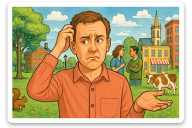 a person with a confused expression surrounded by clear, detailed objects and scenery, representing difficulty judging people but easily perceiving surroundings sticker