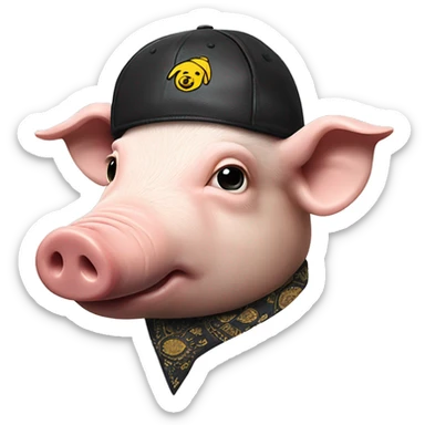 Pig head with black leather Muir cap yellow paisley bandana around neck sticker