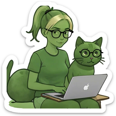 Blonde woman ponytail  with cat and MacBook  sticker