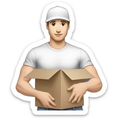 Pale skinned fit Man with dark brown hair in a white cap, gray jeans and gray polo T-shirt keeping a pasted with tape white box into his hands sticker