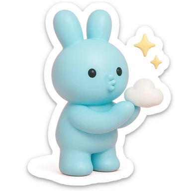 pastel blue bunny with cloud, blowing a kiss with sparkles, vinyl figure style sticker