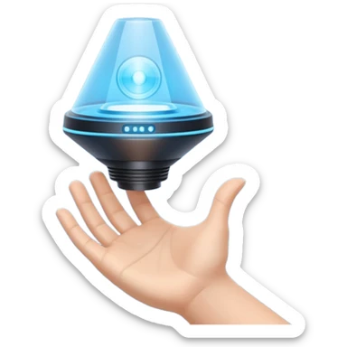 Flat emoji of a wrist-mounted hologram projector emitting a soft blue light cone, simple shapes, modern sci-fi style sticker