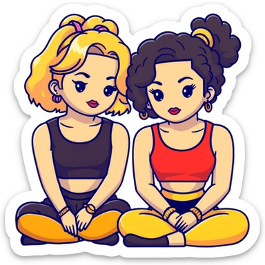 Full body of two teenage girls sitting together, one white with straight blonde hair and one brown-skinned with curly black hair, both with heavy makeup, big lips, crop tops, gold jewelry and flashy choni style outfits sticker