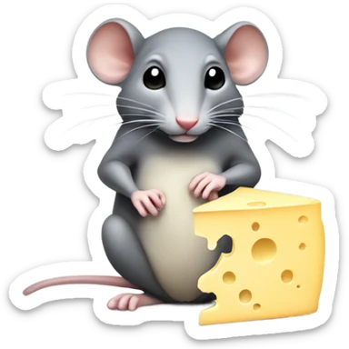 Sad looking rat holding a piece of cheese sticker