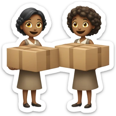 two women holding two boxes of boxes facing each other sticker