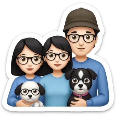 Mom black hair with glasses, Dad black hair with cap, Daughter black hair with glasses, white Dog sticker