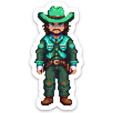 Pixel art of a cowboy character with green outfit and hat sticker
