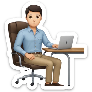 Rich man working on a chair at office in shirt, dark hair, and near the desk with laptop he is german very beautiful looks like, full body view sticker