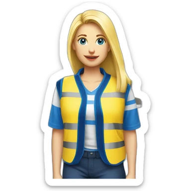 Ikea coworker blue eyes blond woman blue stripes t-shirt and yellow security vest sticker