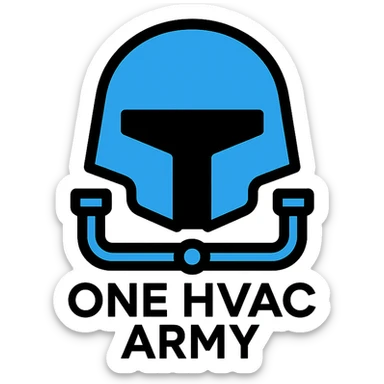 stylized helmet with HVAC pipes logo for One HVAC Army, minimal and geometric, blue and black colors sticker