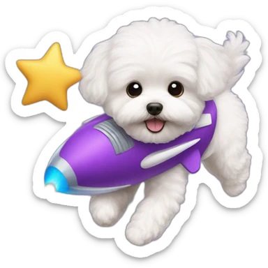 a white maltipoo flying with a purple rocket sticker