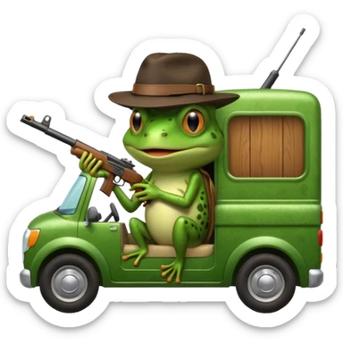 Frog with gun in back seat of moving van sticker