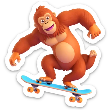 a cool orangutan skateboarding in dynamic action, playful style sticker