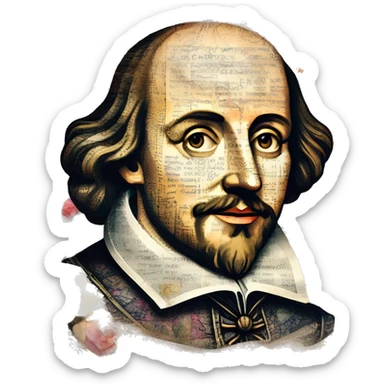 Shakespeare made of newspaper cuttings wearing flowers, stained glass, fairy lights, bokeh, annotated sketch, handwritten letters, collage of intricate patterns, lantern, bokeh, blur sticker