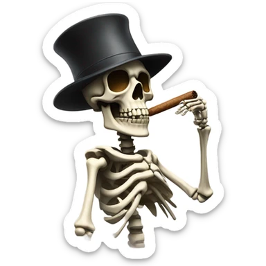 a skeleton smoking a cigar in a ally way with a hat and sweater sticker