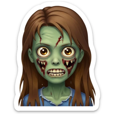 Girl zombie with brown long hair with teeth and serious face IOS style sticker
