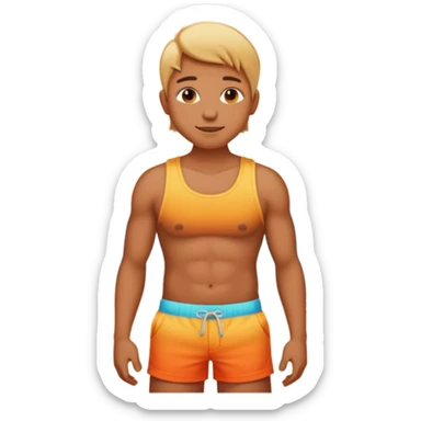 Emoji-style person in beach shorts with sunburned shoulders and chest, tank top outline for a sunburn, cute rounded features, soft shading, vibrant colors sticker