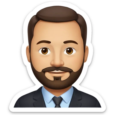 Very stocky businessman in his 40s with light brown skin, pear-shaped face, full cheeks, warm friendly smile, kind welcoming eyes, thick eyebrows, wide nose, short full beard, short dark hair, wearing a black button-up shirt sticker