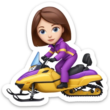 Brown hair, very blue eyes, Woman wearing red coat  on purple and yellow striped snowmobile sticker