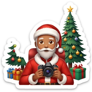 Homme photographe noir, week-end détente, équipé d’un appareil photo pro. Dans un décor Noël chaleureux, Père Noël à côté, sapin illuminé, lumières douces.  Ambiance festive, réaliste, couleurs nettes sticker