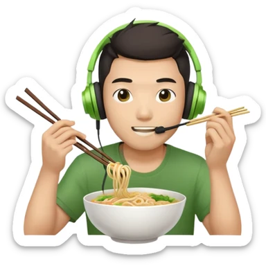 asian guy with green gaming headset eats asian noodels sticker