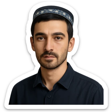 A Tajik man with a slender build, oval face, broad forehead, straight nose, expressive brown eyes, thick eyebrows, dark straight hair, and warm-toned skin, neatly kept facial hair sticker