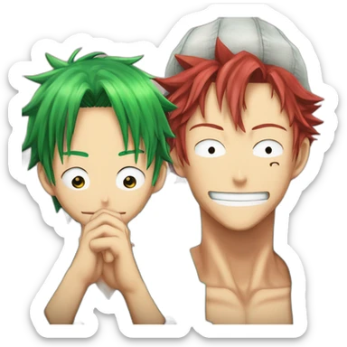 Shanks (red haired guy from One Piece) and Zoro (Green Haired guy from One Piece), touching their lips sticker