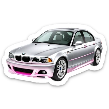 BMW e46 sedan in titanium silver with pink wheels sticker