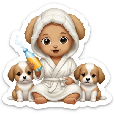 Baby with white fluffy robe and over her eyes and drinking a bottle and sitting next to puppies  sticker