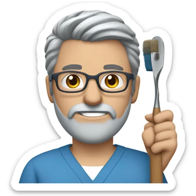 male dark blond doctor with grey beard with hazel eyes and small wire-rimmed glasses in blue scrubs holding a paintbrush and saw sticker
