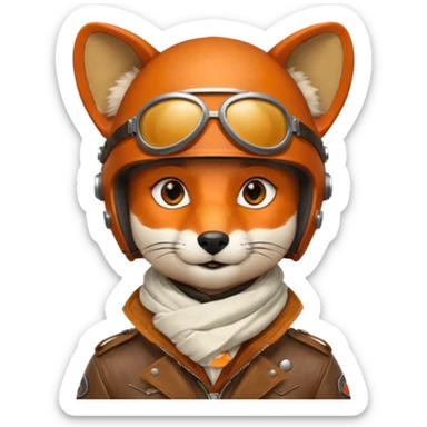 renard aviateur, casque en cuir vintage, écharpe blanche, blouson aviateur sticker